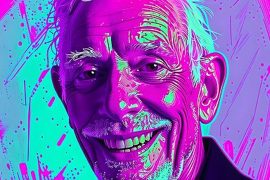 Fotoshoot op locatie opa Delft Portret van een oudere man met een vrolijke lach, weergegeven in felle neonkleuren.