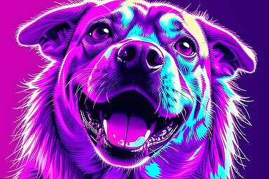 Fotoshoot op locatie hond Delft Kleurrijke, digitale afbeelding van een blije hond met een paarse en blauwe achtergrond.